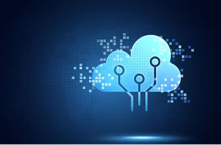 cloud icon in front of a pixelated world map