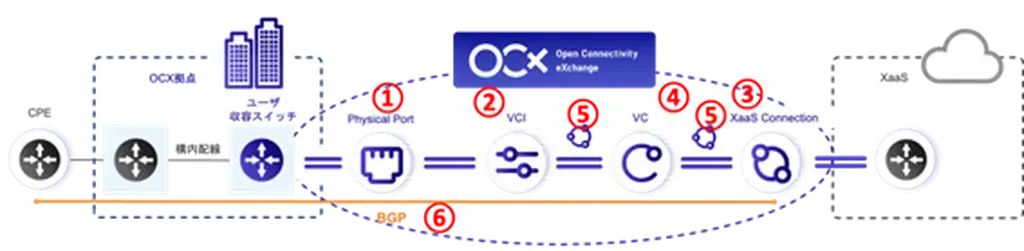 Flowchart illustrating the Open Connectivity Exchange process, including physical port, VCI, VC, and XaaS connection, leading to a cloud.